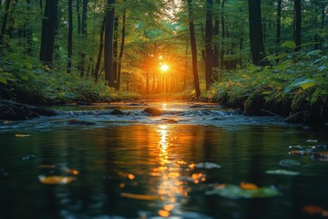 Obraz premium Golden sunset illuminates tranquil forest stream