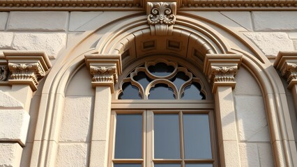 Obraz premium An elegant architectural detail showcasing a beautifully designed historic window with intricate stonework and ornate features, emphasizing craftsmanship. 