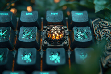 A close-up of an intricately designed mechanical keyboard keycap glowing faintly in the dark.