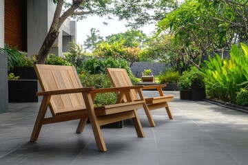Obraz premium Stylish Teak Wood Furniture on a Scenic Terrace: A Perfect Blend of Home Design and Garden Elegance