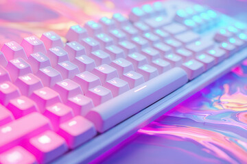 Pastel pink and blue backlit keyboard on iridescent surface; aesthetic tech.