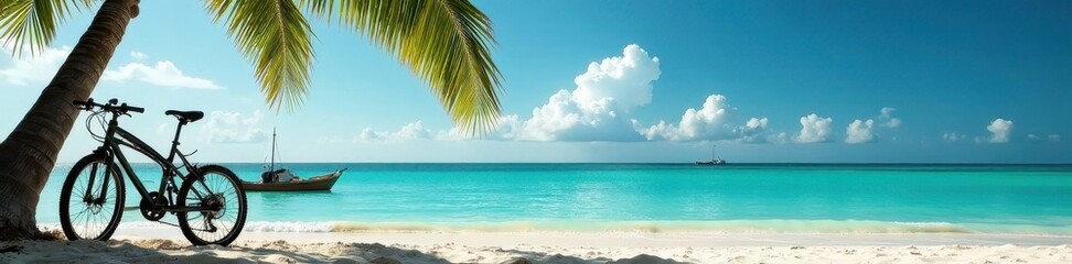 Beach bicycle, leaning against palm tree, turquoise water, tropical, green