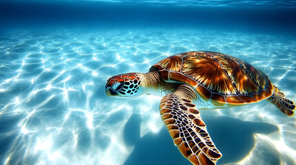 Fototapeta premium A close-up shot of an underwater view of the back half of a sea turtle swimming in crystal-clear water 