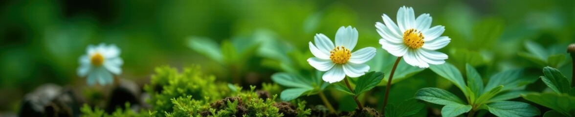 Fototapeta premium Foliage and delicate white flowers on Anemone nemorosa, Forest Floor, Floral
