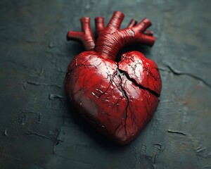 A cracked red heart is shown on a dark background