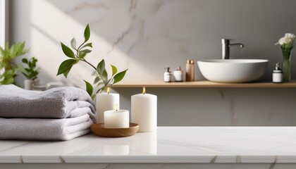 Elegant 3D Scene An Empty Marble Table Counter Staged with a Fresh Bloom, Glowing Candle, and Plush Towel in a Timeless Setting, Exuding a Serene and Sophisticated Ambiance.