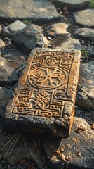 Intricately carved stone tablet lying among rocks in a natural landscape at sunset