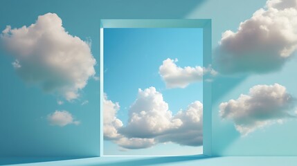 Surreal room with doorway revealing a bright blue sky and fluffy clouds.