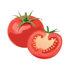 One tomato and one sliced tomato isolated on a white background