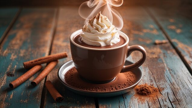 Steaming cup of hot chocolate with whipped cream and cinnamon