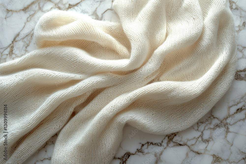 Poster cream-colored knitted fabric softly draped on a marble surface, showcasing its texture and delicate 