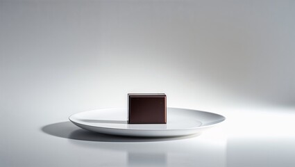 Minimalist dark chocolate cube on white plate