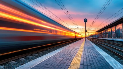 Sunset Express, A High-Speed Train Races Through a Vibrant Dusk Landscape