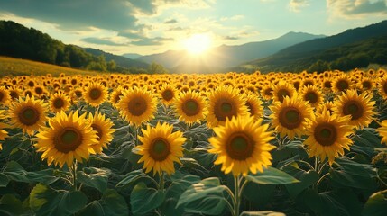 Fototapeta premium Golden sunflowers bask in sunset's warm glow, mountain backdrop.