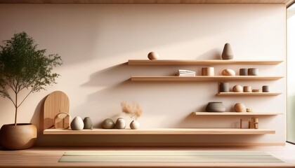 Minimalist Yoga Retreat in Light Beige Interior, Modern Wood Shelf Showcased with Warm Ambiance, Perfect for Digital Art, Home Decor, or Design Inspiration.
