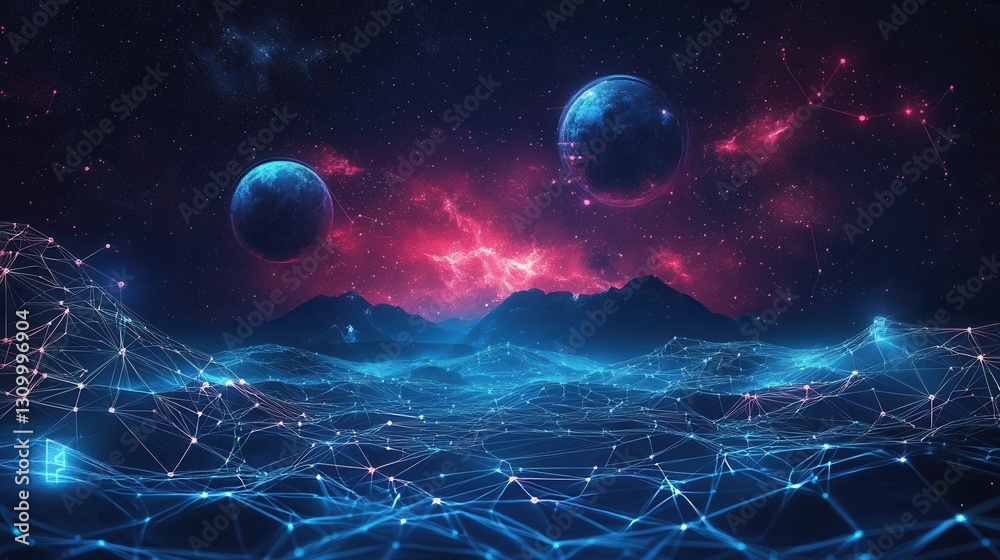 Poster Cosmic landscape with glowing lines connecting planets and symbols in deep blue nebula at twilight