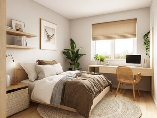 A modern bedroom interior with natural light and plants