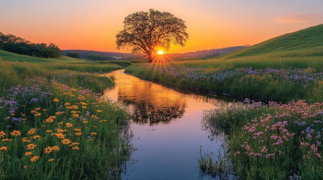 Serene sunset landscape, tree, stream, wildflowers.