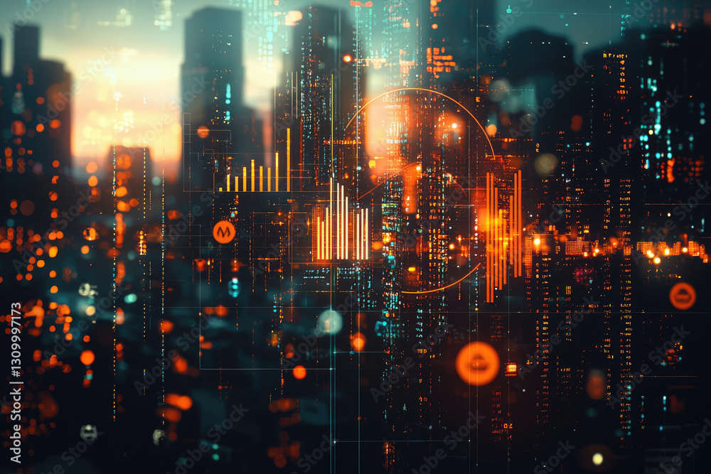 Poster a futuristic cityscape overlaid with dynamic data visualizations, illustrating technological advance