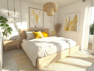 A modern bedroom with natural light and decorative accents