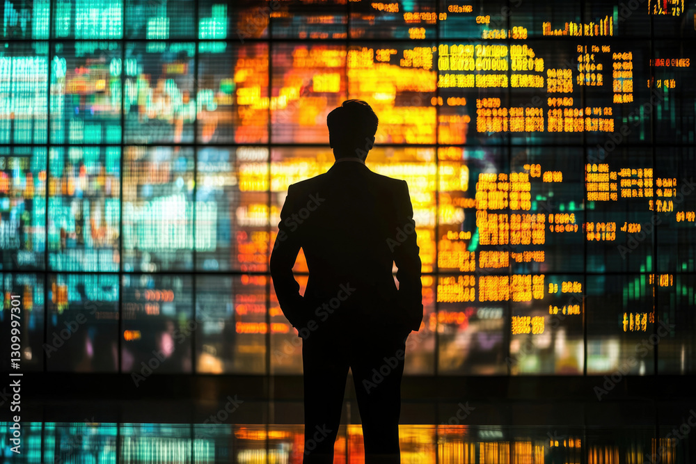 Poster Silhouette of a businessman standing before a large screen displaying dynamic stock market data.
