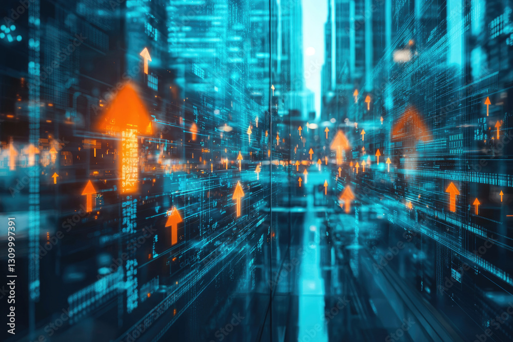 Poster Abstract city landscape with upward-trending data streams, symbolizing technological growth and progress.