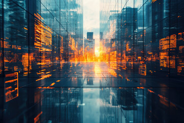 Futuristic cityscape at sunset with digital code overlaying glass buildings, reflecting technological advancement.