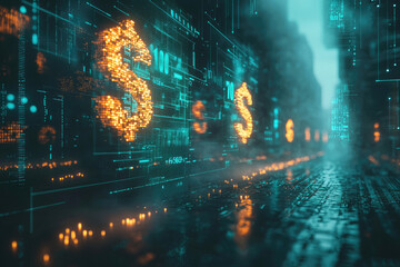 Digital currency flows through a futuristic city, symbolizing the integration of finance and technology.