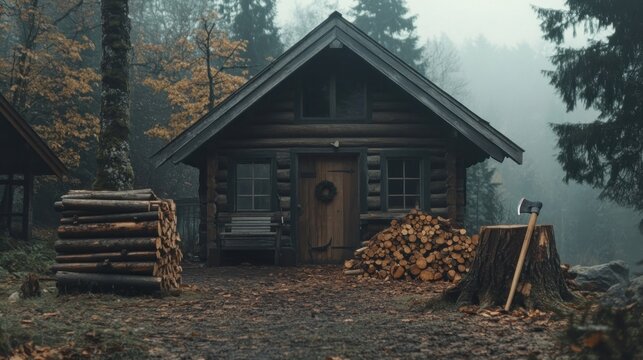 Rustic log cabin nestled in a misty forest