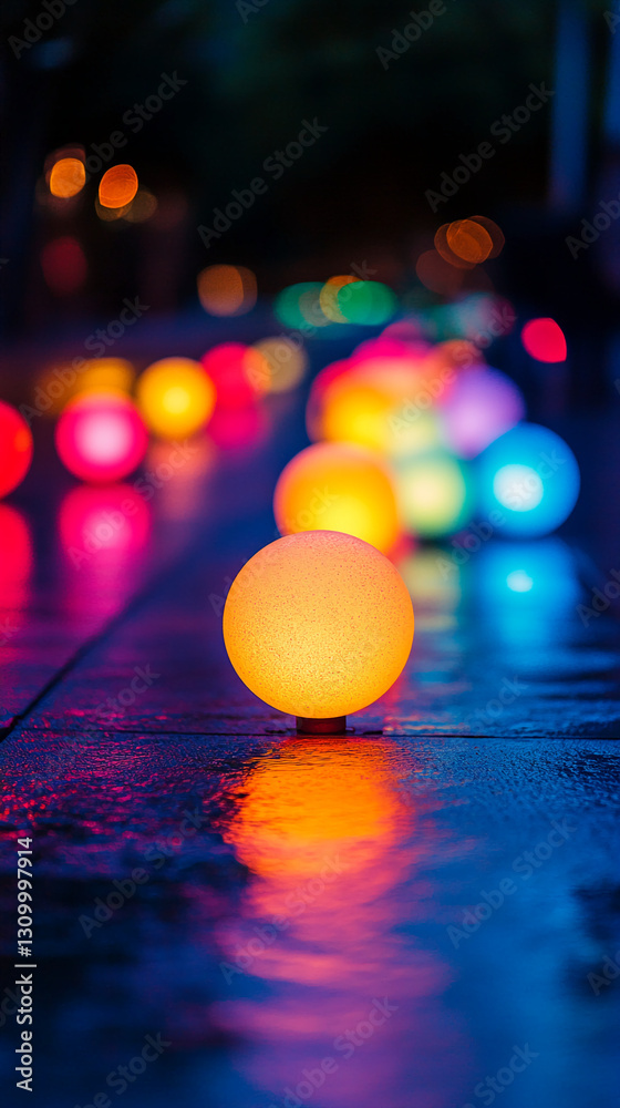 Aufkleber Illuminated spheres in vibrant hues, arranged in a path reflecting on wet surface, creating a magical and enchanting atmosphere, perfect for design or fantasy concepts