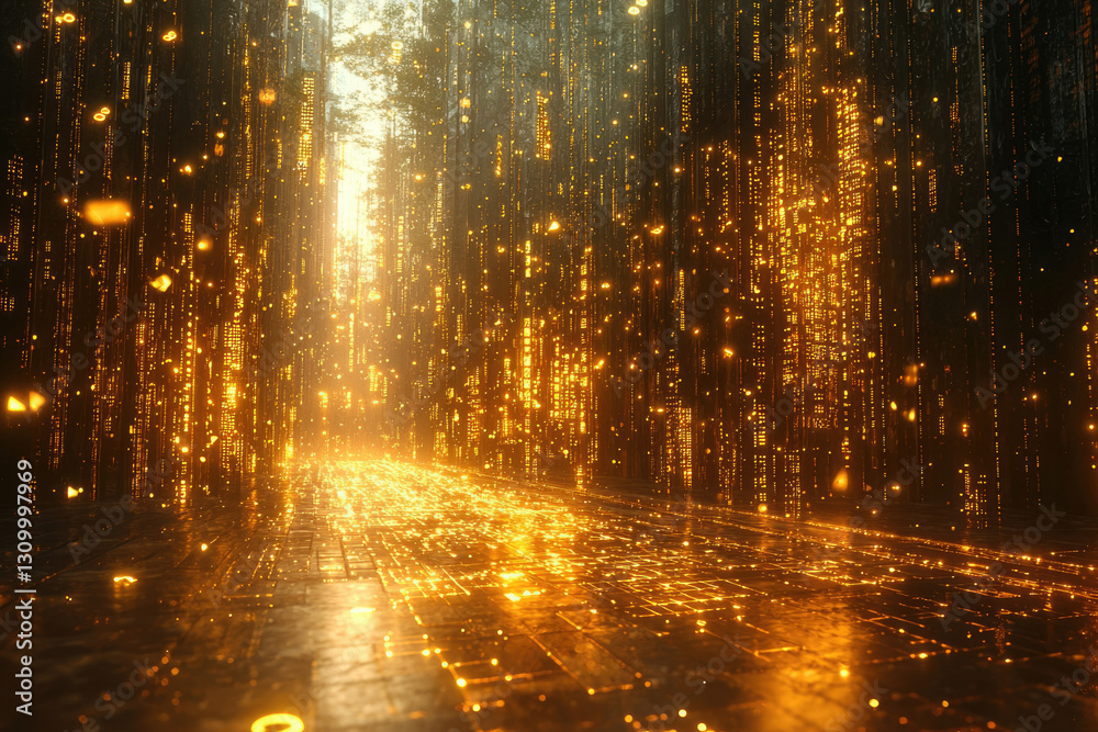 Poster A digital pathway of golden light and data streams, futuristic and ethereal.