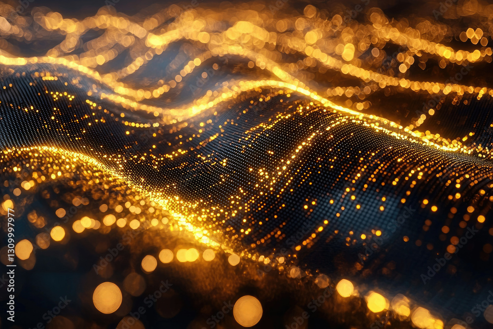 Poster Abstract wave of golden particles, glowing and shimmering in dark background. Digital art, 3D render.
