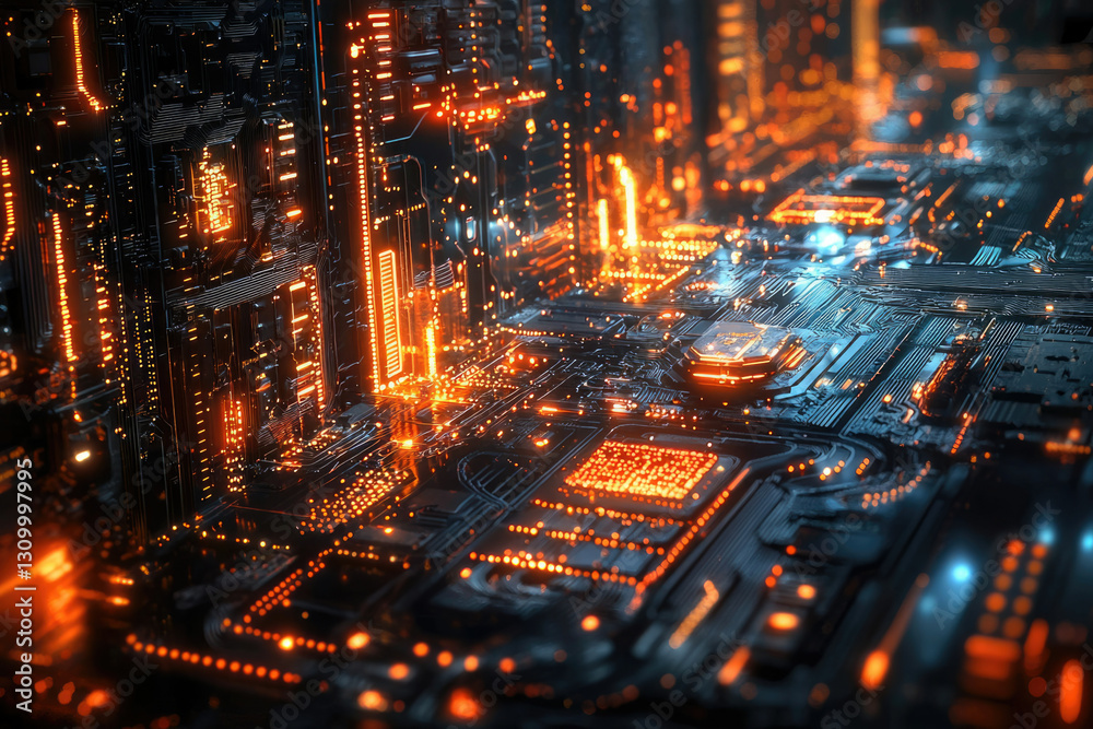 Poster a futuristic cityscape of glowing circuits and intricate pathways, depicting advanced technology.