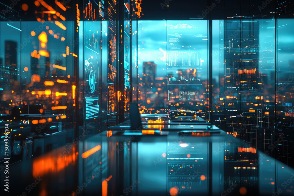 Poster Futuristic cityscape reflected in a modern office with holographic displays showing data streams and graphs.