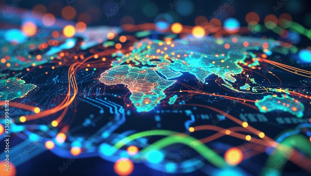 Poster visual representation of global data flow showcasing interconnected networks and technology across c