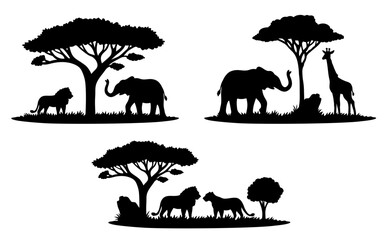 African Safari Animal Landscape Scene Silhouette Clipart on a Transparent Background © ATerra