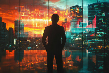 A businessman silhouetted against a cityscape at sunset, overlaid with dynamic financial data visualizations.