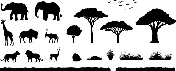 African Safari Scene Creator Builder Clipart Set - Animal and Grassy Landscape Silhouette Elements on a Transparent Background