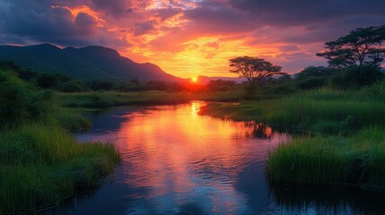 Fototapeta premium Fiery sunset paints tranquil river, mountains, and grasslands.
