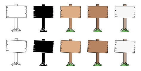 Blank Cartoon Wood Sign Post with Grass Template Clipart - Outline, Silhouette and Color Isolated on a Transparent Background