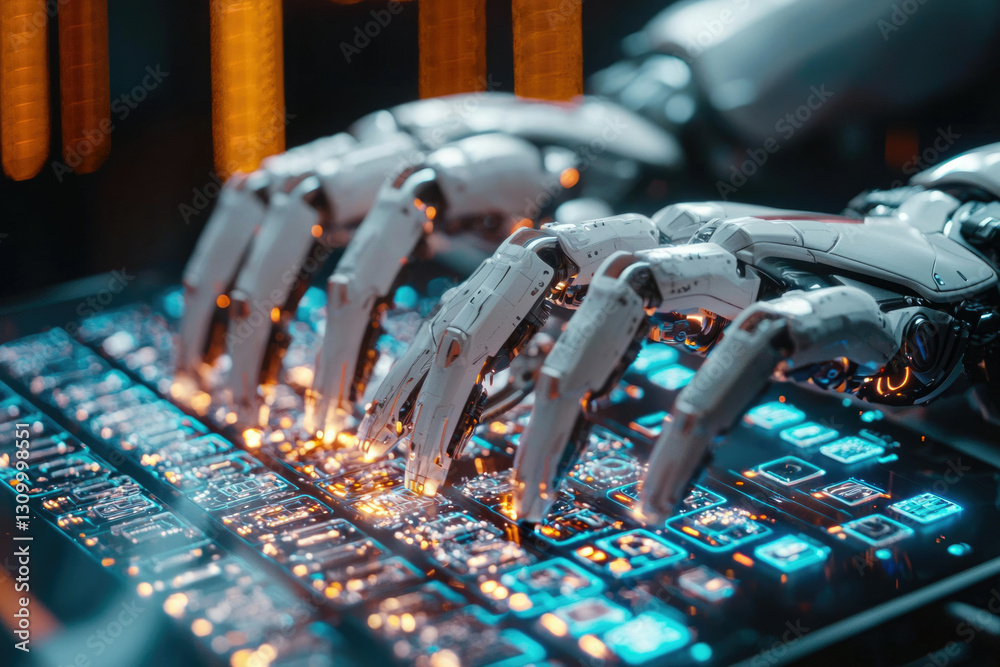 Poster Robotic hands skillfully operate a futuristic keyboard, showcasing advanced automation in technology.