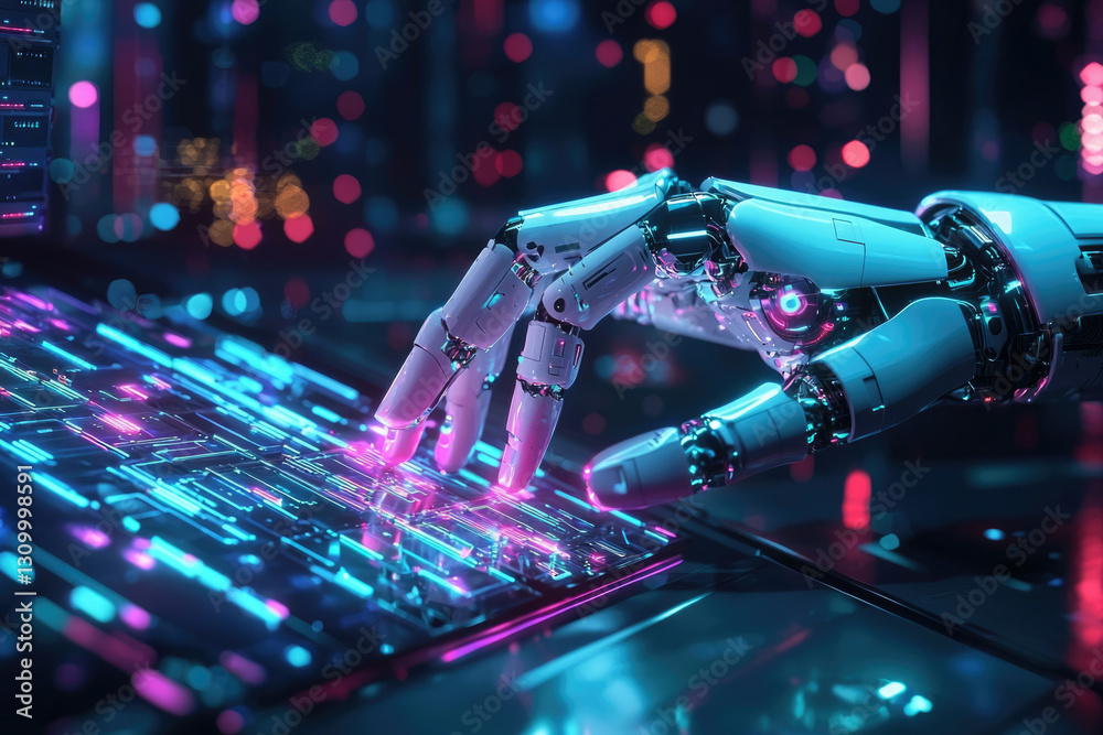 Poster a robotic hand interacts with a futuristic glowing interface, symbolizing technological advancement 