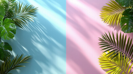 Tropical leaves casting shadows on split pastel background with blue and pink colors, creating vibrant and fresh atmosphere