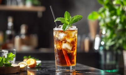 Refreshing iced tea with mint and ice cubes in a glass on a bar counter