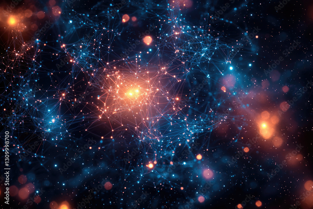 Poster Abstract cosmic network of interconnected nodes and glowing particles in a dark space, resembling a constellation or neural network.