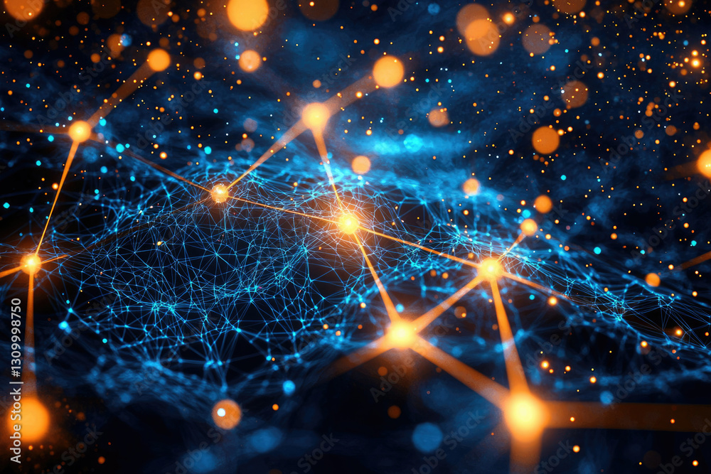 Poster Abstract network visualization depicting interconnected nodes and data flow, showcasing digital connectivity.