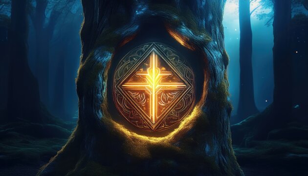 A radiant emblem shines from a tree in an enchanted woodland, casting a warm glow at dusk.
