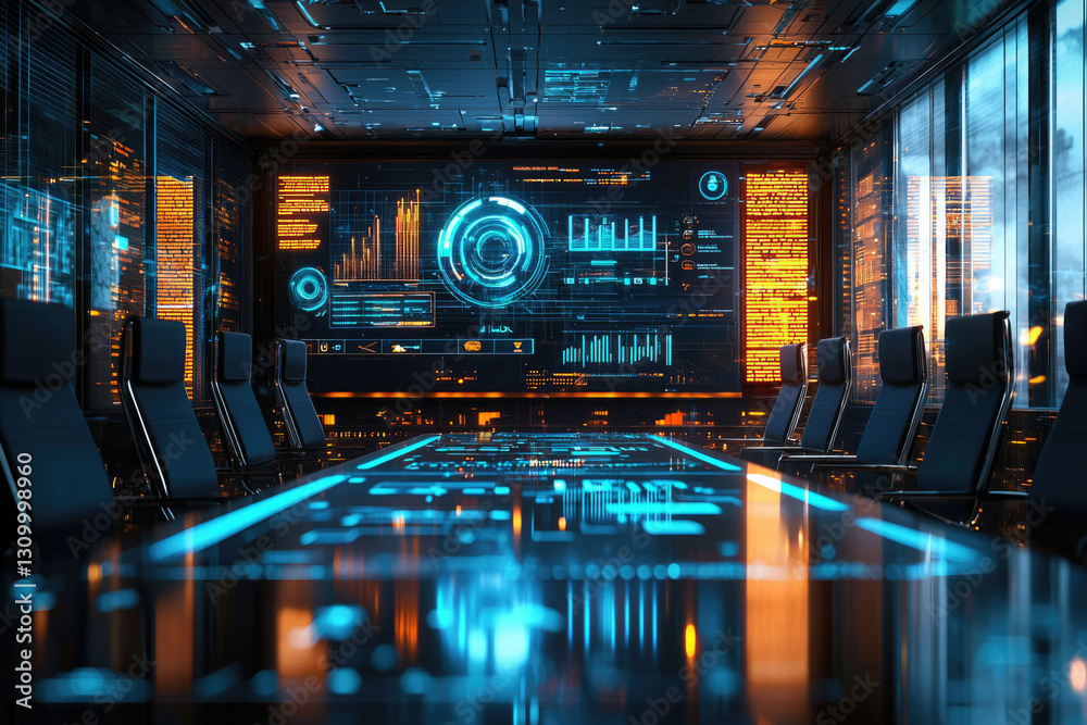 Poster futuristic boardroom with holographic displays showing data analytics and digital information.