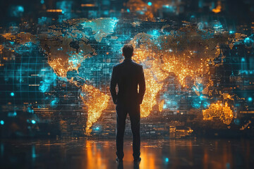 A businessman stands before a digital world map, representing global connectivity and data visualization.