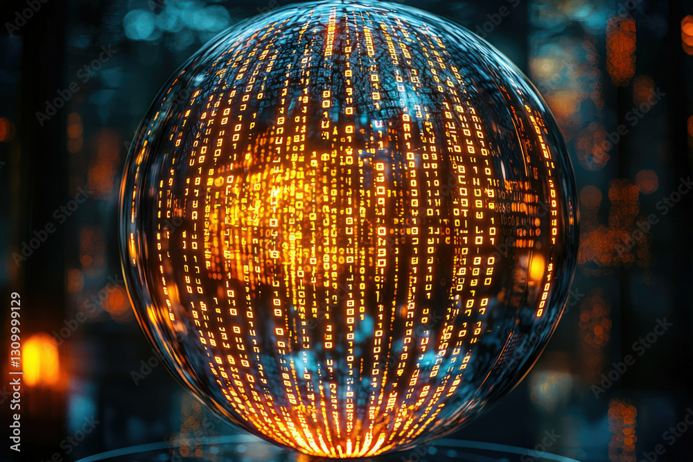 Poster A digital sphere glowing with binary code, symbolizing global data and connectivity.